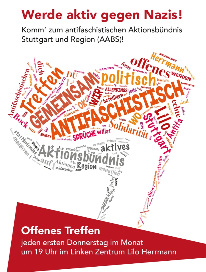 Plakat mit Wortwolke in Form einer Sprechblase, zentrale Begriffe sind 'ANTIFASCHISTISCH', 'GEMEINSAM', 'Treffen', 'politisch', 'Aktionsbündnis', 'Stuttgart', 'Solidarität' und 'offenes'. Überschrift 'Werde aktiv gegen Nazis!' und Einladung zum antifaschistischen Aktionsbündnis Stuttgart und Region.