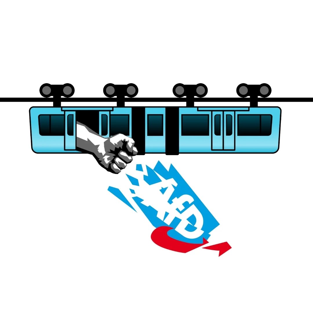 Logo zeigt eine stilisierte blaue Schwebebahn, aus der eine Faust das Logo der AfD herausstößt
