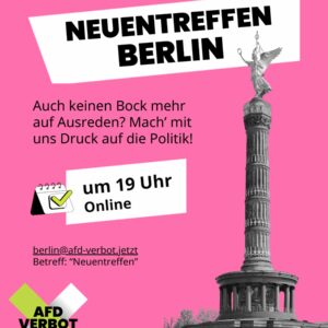 Plakat mit pinkem Hintergrund und schwarzem Text 'Neuentreffen Berlin' in schrägem weißen Rechteck, darunter Aufruf zur politischen Beteiligung, rechts die Siegessäule in Schwarz-Weiß, unten links grünes und weißes X mit Text 'AfD Verbot Jetzt'
