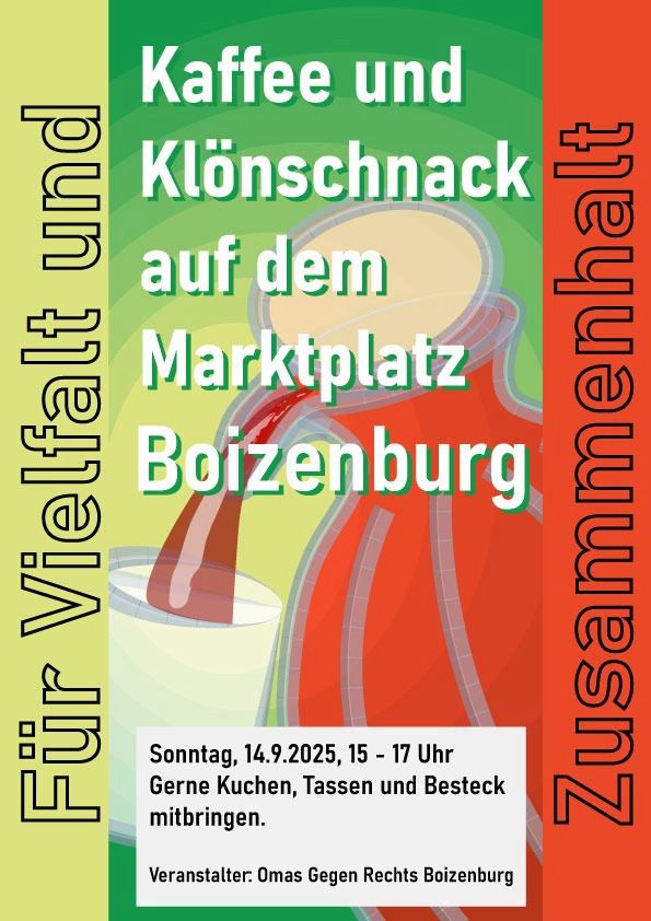 Plakat mit grün-gelbem Hintergrund links und rot-orange rechts, zeigt eine Kaffeekanne, aus der Kaffee in eine Tasse gegossen wird. Text in weiß und schwarz: 'Kaffee und Klönschnack auf dem Marktplatz Boizenburg', seitlich 'Für Vielfalt und Zusammenhalt' in schwarzer Schrift.