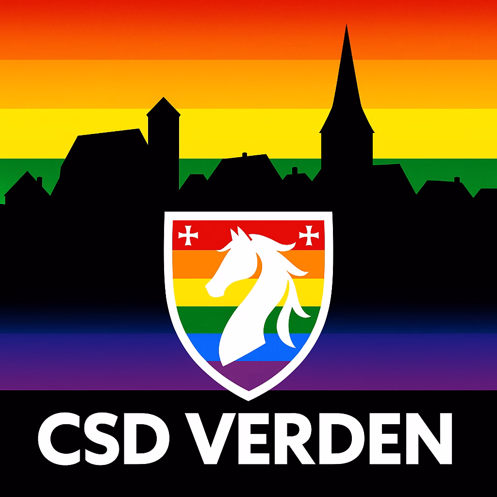 Plakat mit schwarzer Stadtsilhouette vor Regenbogenhintergrund, Wappen mit weißem Pferdekopf und Regenbogenstreifen, Slogan 'CSD VERDEN' in weißer Schrift