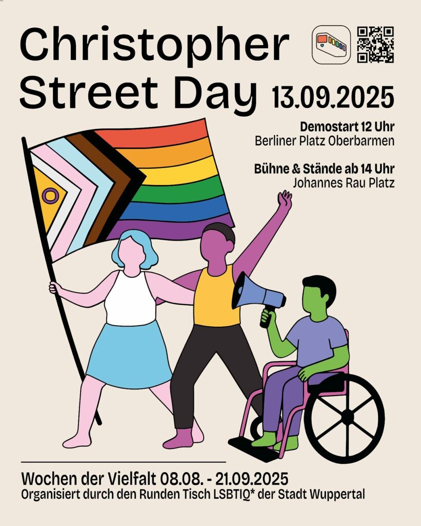 Plakat für Christopher Street Day mit drei stilisierten Figuren: eine mit Regenbogen-Progress-Flagge, eine mit erhobener Faust, eine im Rollstuhl mit Megafon. Text in klarer schwarzer Schrift auf hellem Hintergrund, inklusive Veranstaltungsdetails und Hinweis auf Wochen der Vielfalt vom 08.08.2025 bis 21.09.2025