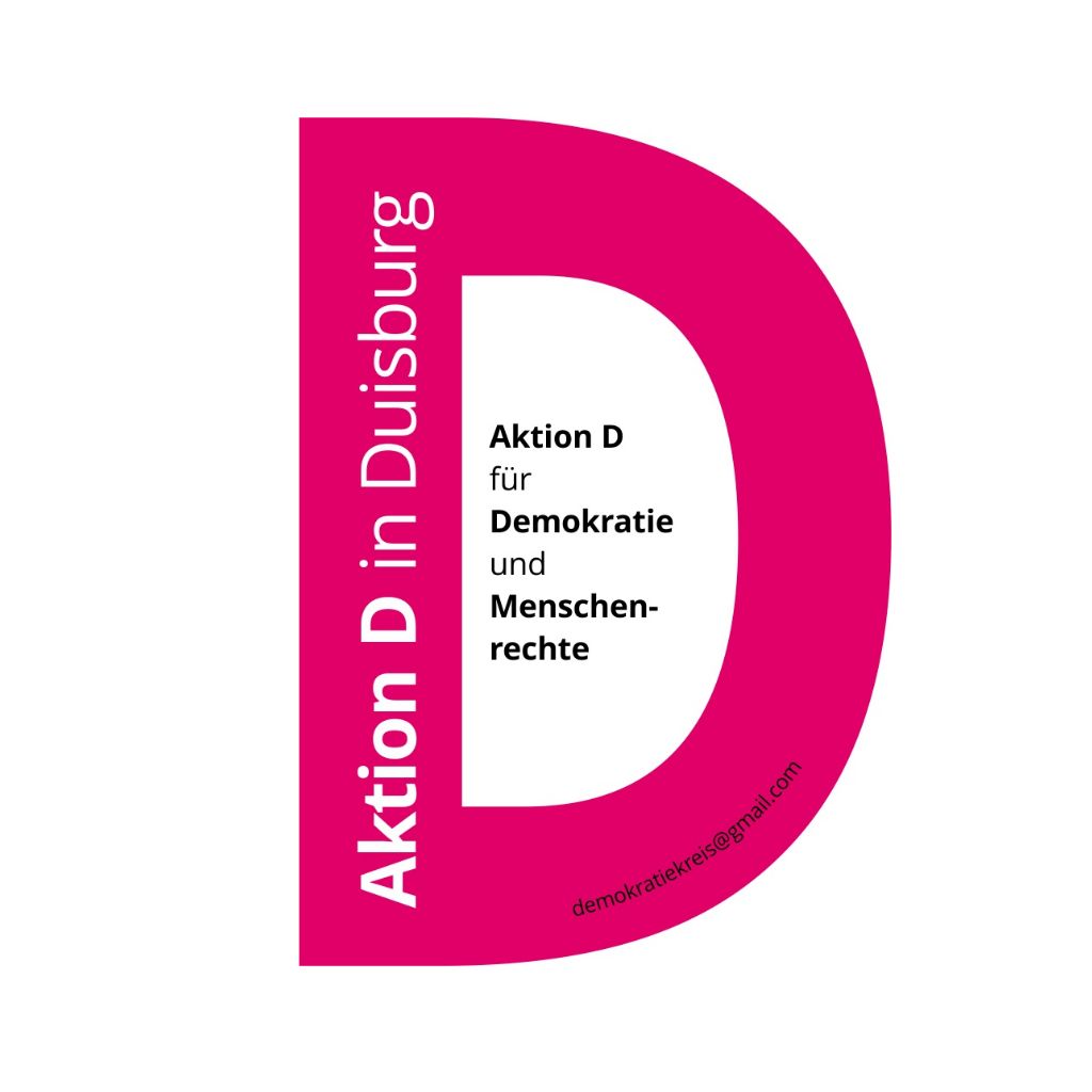 Logo der Initiative 'Aktion D in Duisburg' mit großem pinkfarbenem D, Text 'Aktion D für Demokratie und Menschenrechte'
