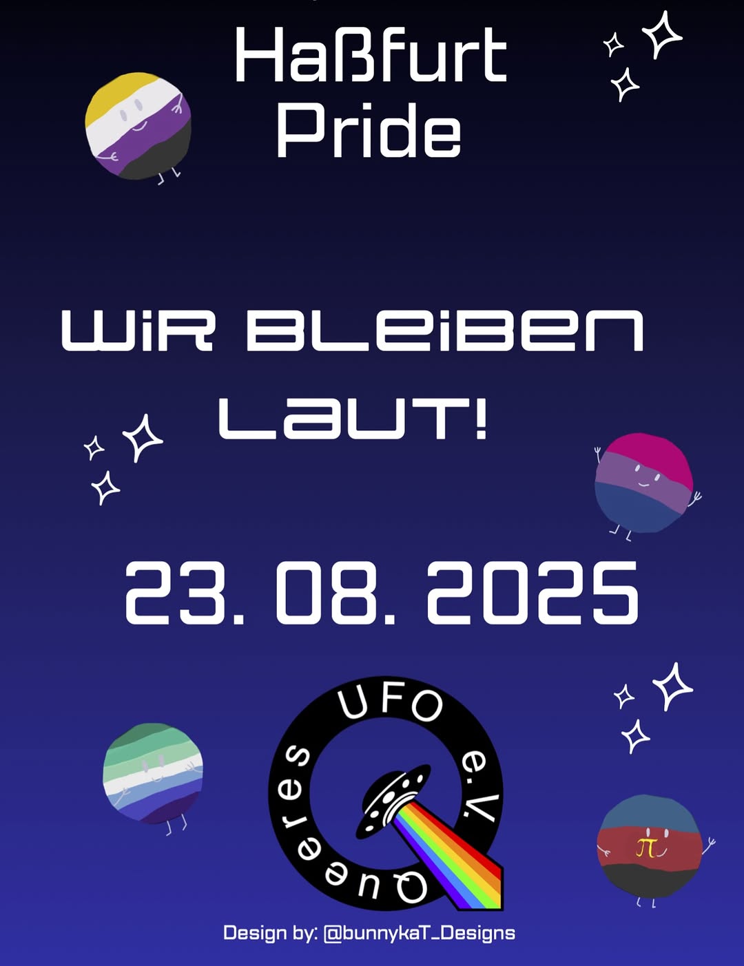 Plakat für Haßfurt Pride mit dem Slogan 'Wir bleiben laut!' und dem Datum 23.08.2025, umgeben von bunten Luftballons mit verschiedenen Pride-Flaggen. Unten das Logo von Queeres UFO e.V. mit einem UFO, das einen Regenbogenstrahl aussendet.