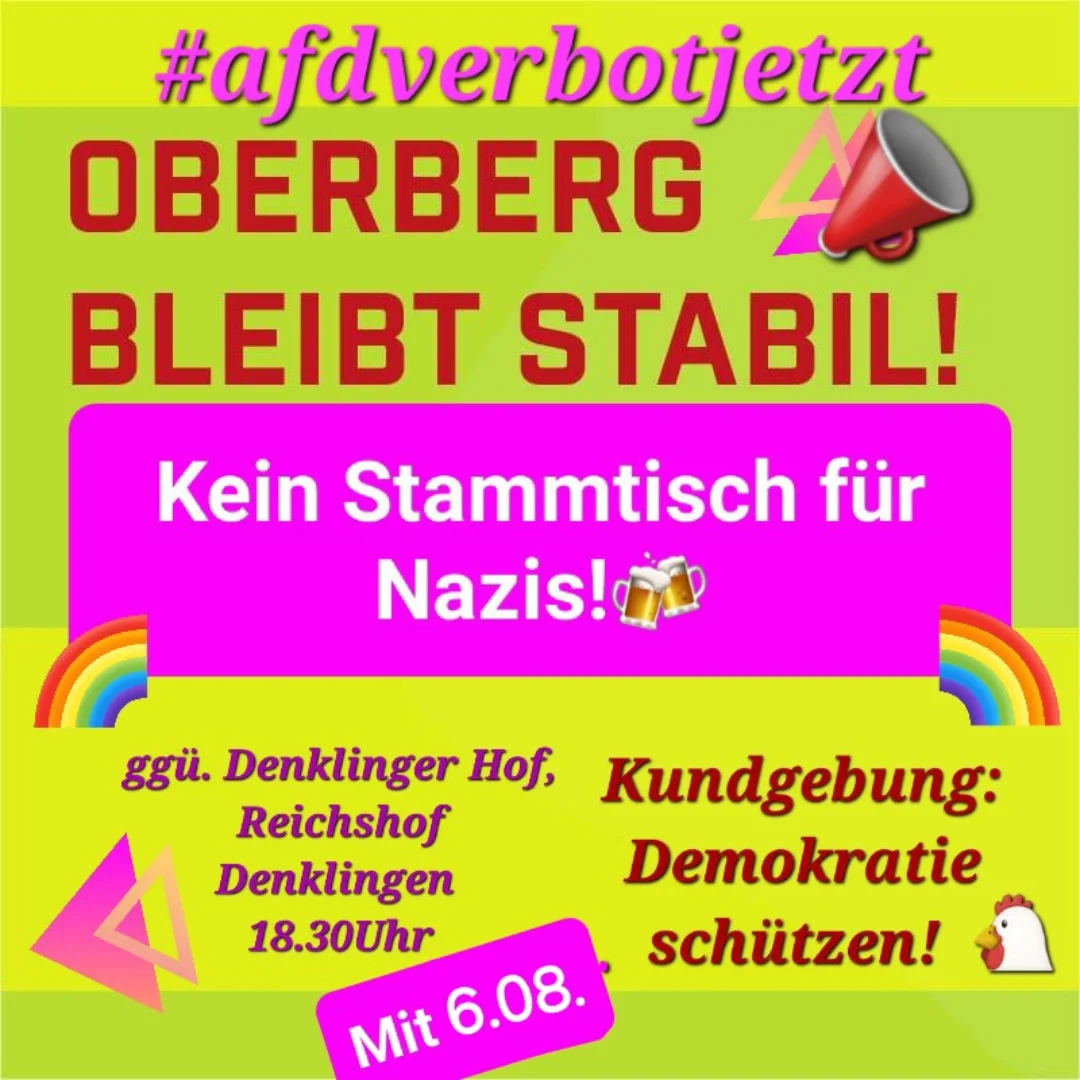 #afdverbotjetzt Oberberg bleibt stabil! Kein Stammtisch für Nazis! Kundgebung: Demokratie schützen! ggü. Reichshof Denklingen 18:30 Uhr Mit. 6.08.