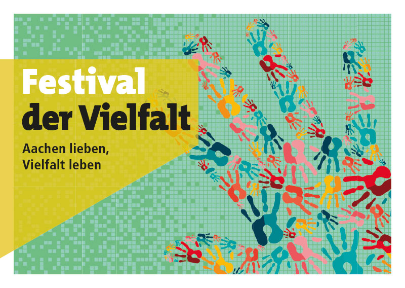 Plakat mit dem Titel 'Festival der Vielfalt' in weiß und schwarz auf gelbem Hintergrund, daneben große Hand aus vielen bunten Handabdrücken auf grün kariertem Grund