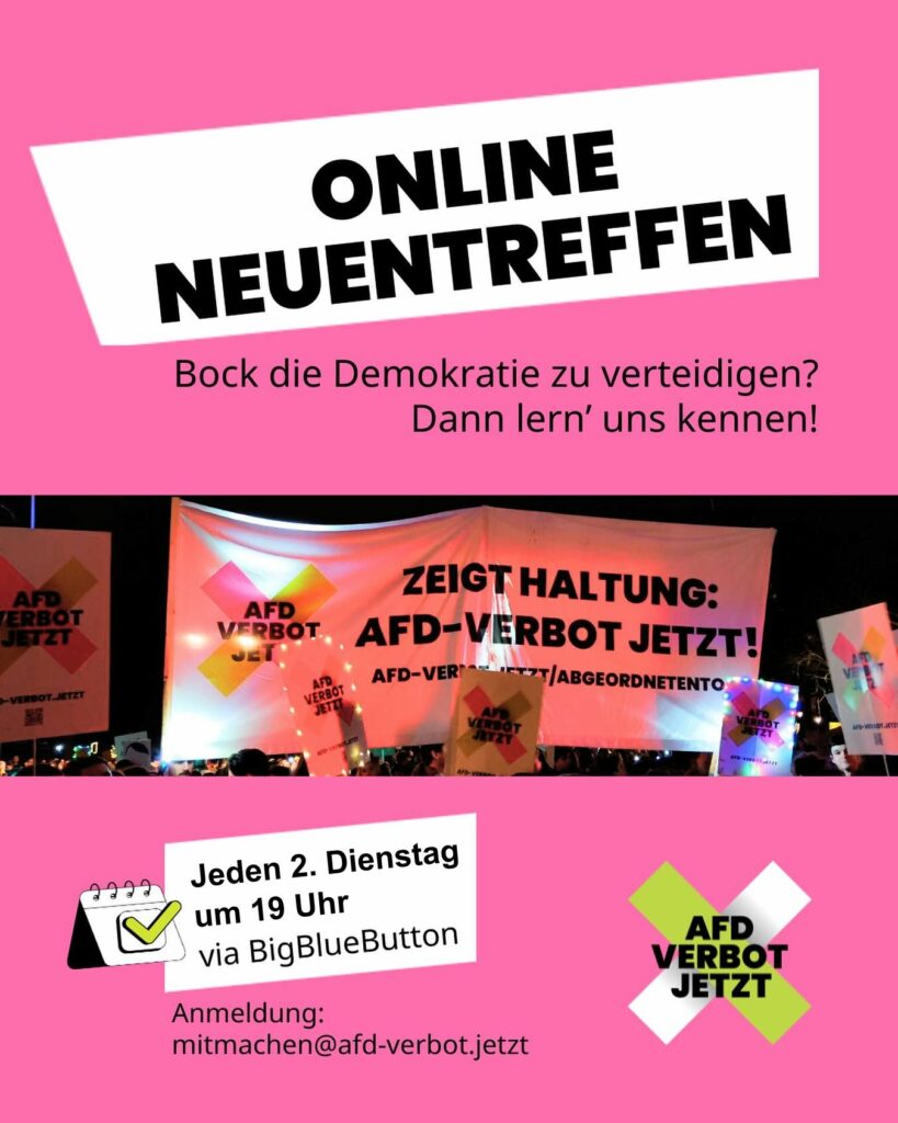 Plakat mit pinkem Hintergrund und schwarzer Schrift 'ONLINE NEUENTREFFEN'. Darunter Text 'Bock die Demokratie zu verteidigen? Dann lern' uns kennen!'. Unten ein Foto von Protestplakaten mit Aufschrift 'AFD VERBOT JETZT!' und 'ZEIGT HALTUNG: AFD-VERBOT JETZT!'.