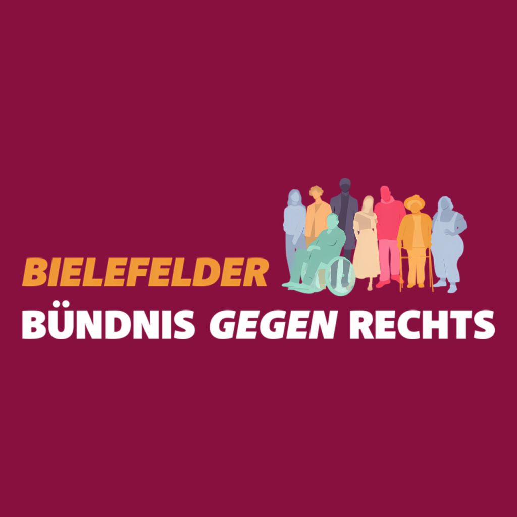 Logo mit dem Schriftzug 'bielefelder bündnis gegen rechts' in orange und weiß, daneben stilisierte bunte Figuren von Menschen, darunter eine Person im Rollstuhl