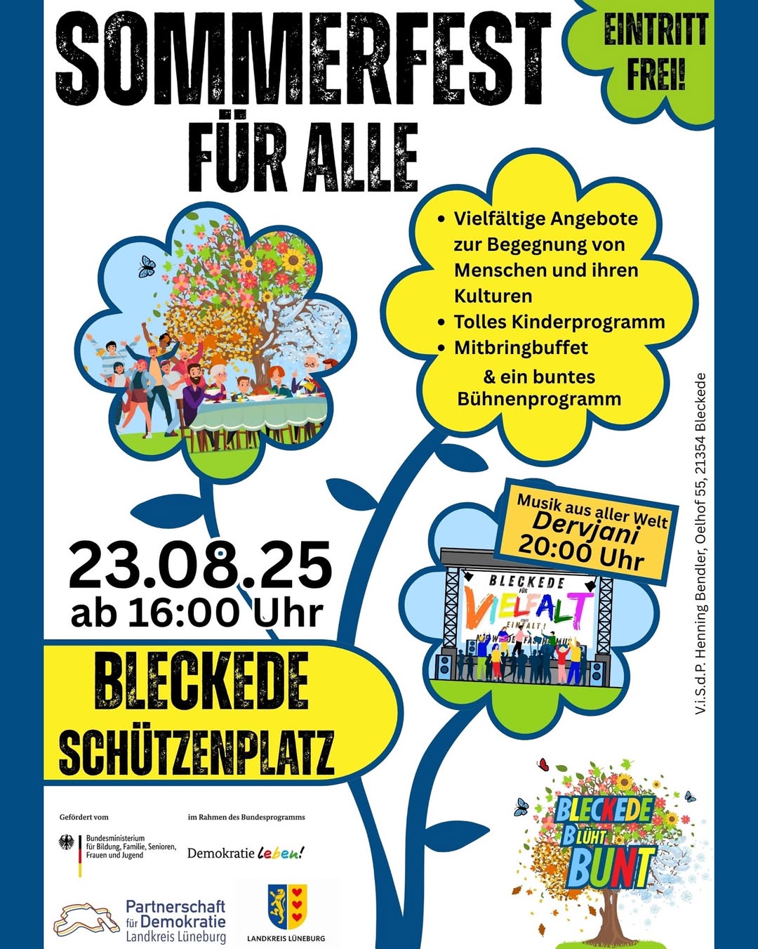 Plakat für Sommerfest mit großem Baum aus bunten Blumen und Menschen, Text in Schwarz und Gelb, gelbe Sprechblasen mit Infos zu Angeboten, Kinderprogramm, Mitbringbuffet und Bühnenprogramm, Veranstaltungsort Bleckede Schützenplatz, Eintritt frei