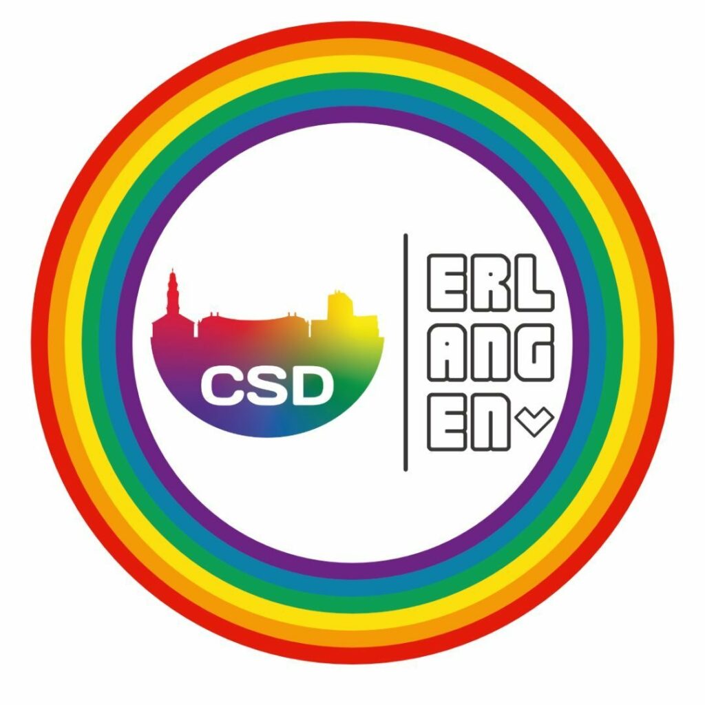 Logo mit Regenbogenkreis, links eine bunte Stadtsilhouette mit den Buchstaben 'CSD', rechts der Text 'ERLANGEN' in blockigen Großbuchstaben