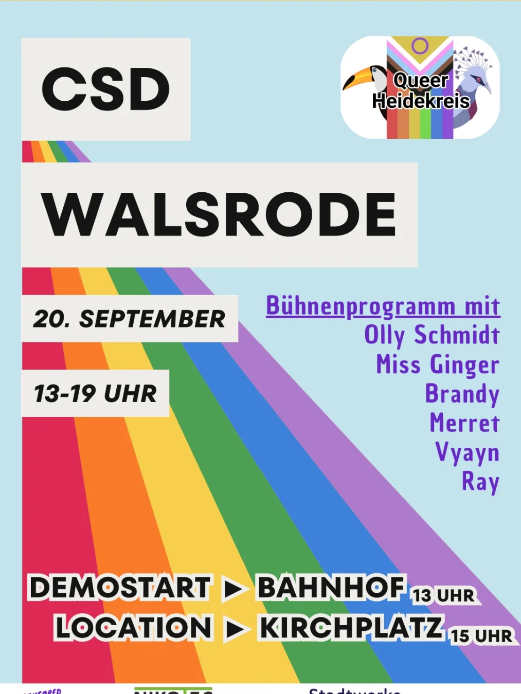 Plakat für CSD Walsrode am 20. September von 13 bis 19 Uhr mit Regenbogenstreifen. Bühnenprogramm mit Olly Schmidt, Miss Ginger, Brandy, Merret, Vyayn, Ray. Demo startet um 13 Uhr am Bahnhof, Veranstaltung um 15 Uhr am Kirchplatz. Logo Queer Heidekreis oben rechts.