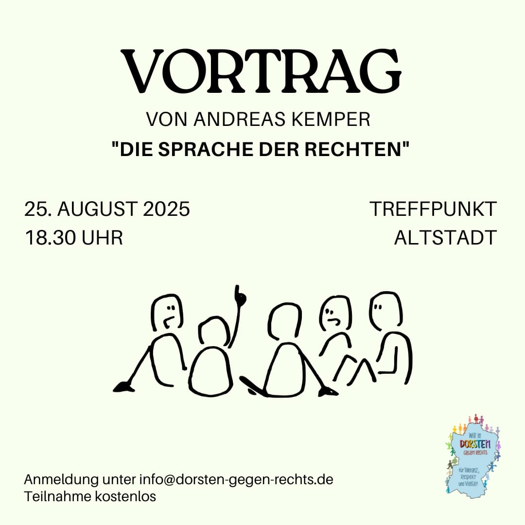 Plakat mit schwarzer Schrift auf hellem Hintergrund, Titel 'VORTRAG' in großer Serifenschrift, darunter 'von Andreas Kemper' und 'Die Sprache der Rechten' in Anführungszeichen. Darunter einfache schwarze Strichzeichnung von fünf sitzenden Personen, eine hebt den Finger. Unten rechts kleines buntes Logo mit Text 'Wir in Dorsten gegen rechts'.