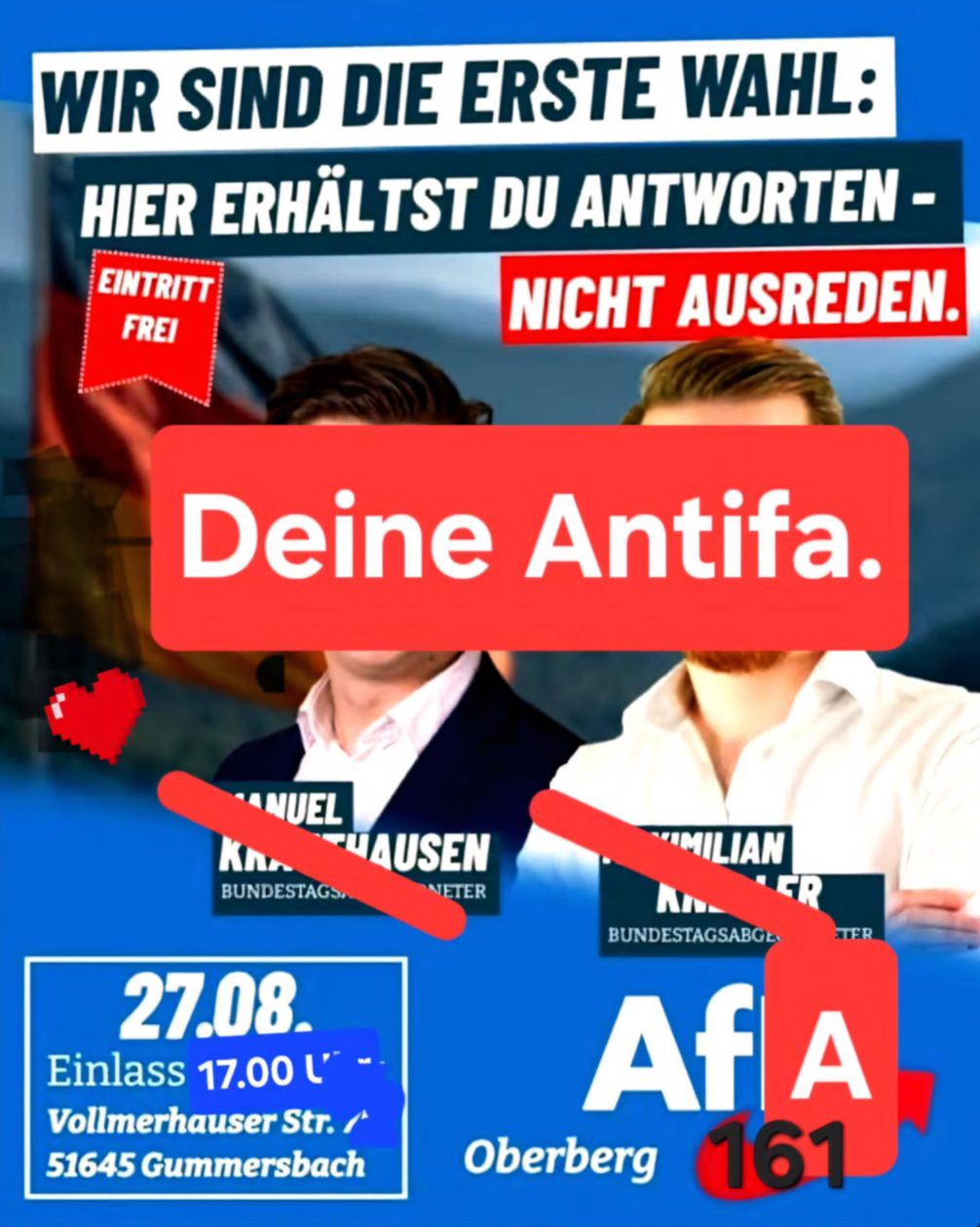 Politisches Plakat mit blauem Hintergrund, weißen und roten Textfeldern. Slogan 'Wir sind die erste Wahl: Hier erhältst du Antworten – nicht Ausreden.' Zwei Männer mit überklebten Gesichtern, darunter Namen Manuel Knauthausen und Maximilian Müller, Bundestagsabgeordnete. Rotes Feld mit Text 'Deine Antifa.' AfD-Logo unten rechts mit Nummer 161.