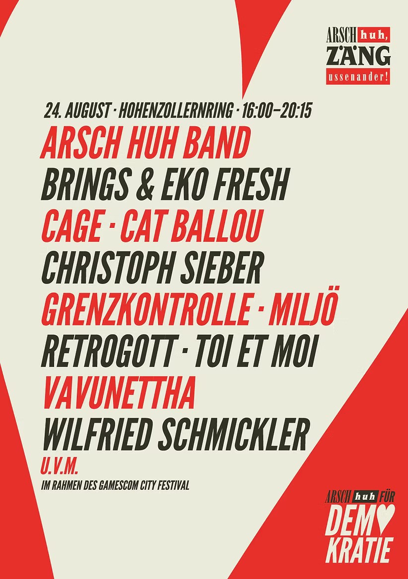 Plakat mit rotem und beigem Design für das Festival 'Arsch huh, Zäng ussenander!' mit Künstler*innen wie Arsch Huh Band, Brings, Eko Fresh, Cage, Cat Ballou, Christoph Sieber, Grenzkontrolle, Miljö, Retrogott, Toi et Moi, Vavunettha und Wilfried Schmickler.