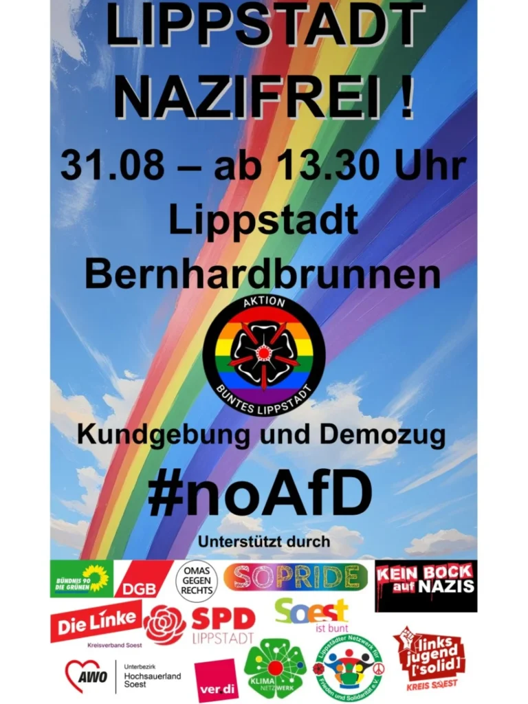 Plakat mit Regenbogen, Text 'Lippstadt Nazifrei!', 'Kundgebung und Demozug', Hashtag '#noAfD' und Logos verschiedener politischer und sozialer Organisationen