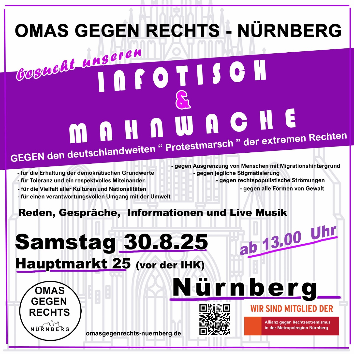 Plakat mit lila diagonalem Banner und weißem Text für Infotisch und Mahnwache von Omas gegen Rechts Nürnberg, listet Ziele gegen rechte Protestmärsche, mit Veranstaltungsdetails und QR-Code