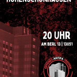 Plakat mit rotem Farbverlauf und schwarzem Hintergrund, zeigt ein Hochhaus in dunklen Rottönen, darüber rotes Muster aus vielen kleinen Punkten, unten rechts rundes Logo mit Hochhaus und Text 'Offenes Antifa Treffen Hohenschönhausen'