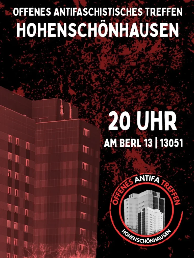 Plakat mit rotem Farbverlauf und schwarzem Hintergrund, zeigt ein Hochhaus in dunklen Rottönen, darüber rotes Muster aus vielen kleinen Punkten, unten rechts rundes Logo mit Hochhaus und Text 'Offenes Antifa Treffen Hohenschönhausen'