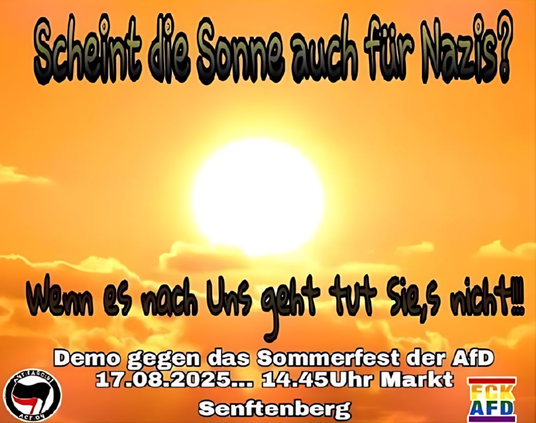 Plakat mit orangefarbenem Sonnenuntergangshintergrund und schwarzer, verschnörkelter Schrift mit dem Text 'Scheint die Sonne auch für Nazis? Wenn es nach Uns geht tut Sie's nicht.'