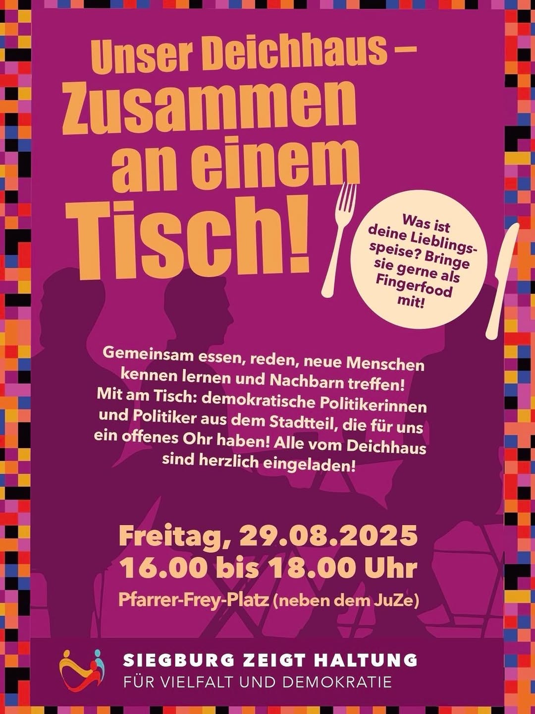 Plakat mit lila Hintergrund und buntem Rahmen, großer Text 'Unser Deichhaus – Zusammen an einem Tisch!', Silhouetten von Menschen, die an einem Tisch sitzen, und Text zur Einladung zum gemeinsamen Essen und Gespräch