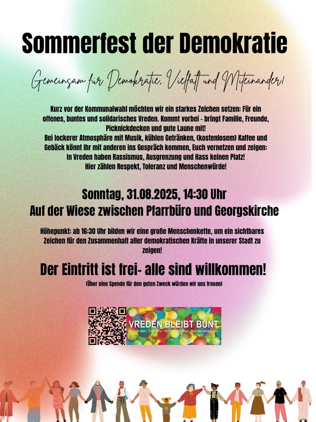 Plakat mit dem Titel 'Sommerfest der Demokratie' in schwarzer und handschriftlicher Schrift, darunter Einladungstext zu einem Fest für Demokratie, Vielfalt und Miteinander, mit buntem Regenbogen-Hintergrund und Illustration von Menschen, die sich an den Händen halten.