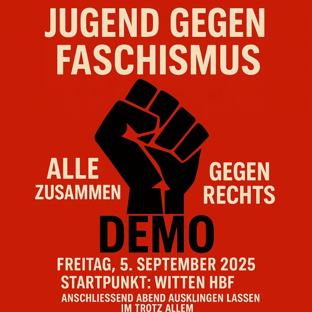 Plakat mit rotem Hintergrund zeigt eine schwarze Faust als Symbol des Widerstands. Text: 'Jugend gegen Faschismus', 'Alle zusammen gegen Rechts', 'Demo' in großen Buchstaben. Weiter unten die Enladung, den Abend im Anschluss ausklingen zu lassen