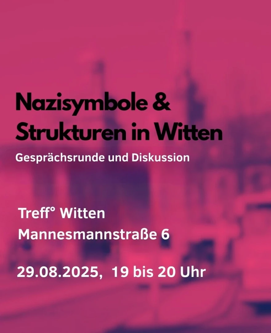 Plakat mit rotem Hintergrund zeigt den Titel 'Nazisymbole & Strukturen in Witten' in schwarzer Schrift, darunter 'Gesprächsrunde und Diskussion' in weißer Schrift, sowie Veranstaltungsort 'Treff° Witten Mannesmannstraße 6' und Datum und Uhrzeit in weißer Schrift.