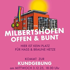 Sharepic für die Demonstration 'Milbertshofen offen & bunt' mit pinkem Hintergrund und einer Illustration eines Gebäudes, über dem eine Regenbogenfahne weht. Der Aufruf lautet: 'Hier ist kein Platz für Hass & braune Hetze.'