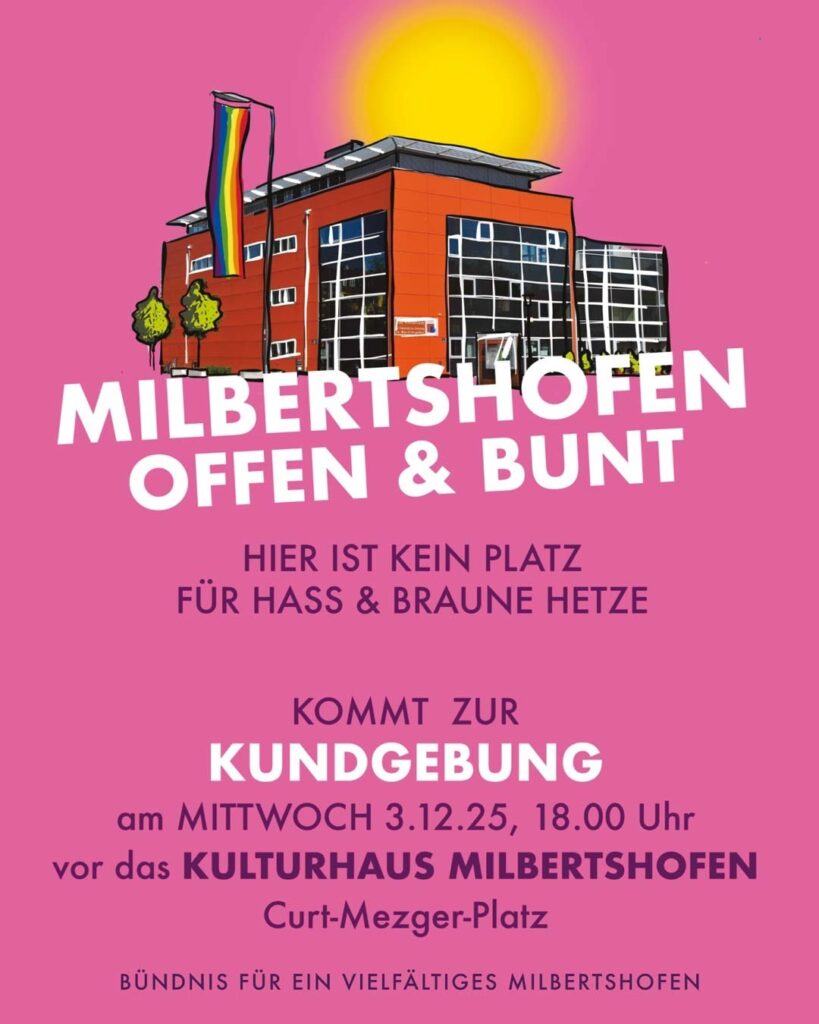 Sharepic für die Demonstration 'Milbertshofen offen & bunt' mit pinkem Hintergrund und einer Illustration eines Gebäudes, über dem eine Regenbogenfahne weht. Der Aufruf lautet: 'Hier ist kein Platz für Hass & braune Hetze.'