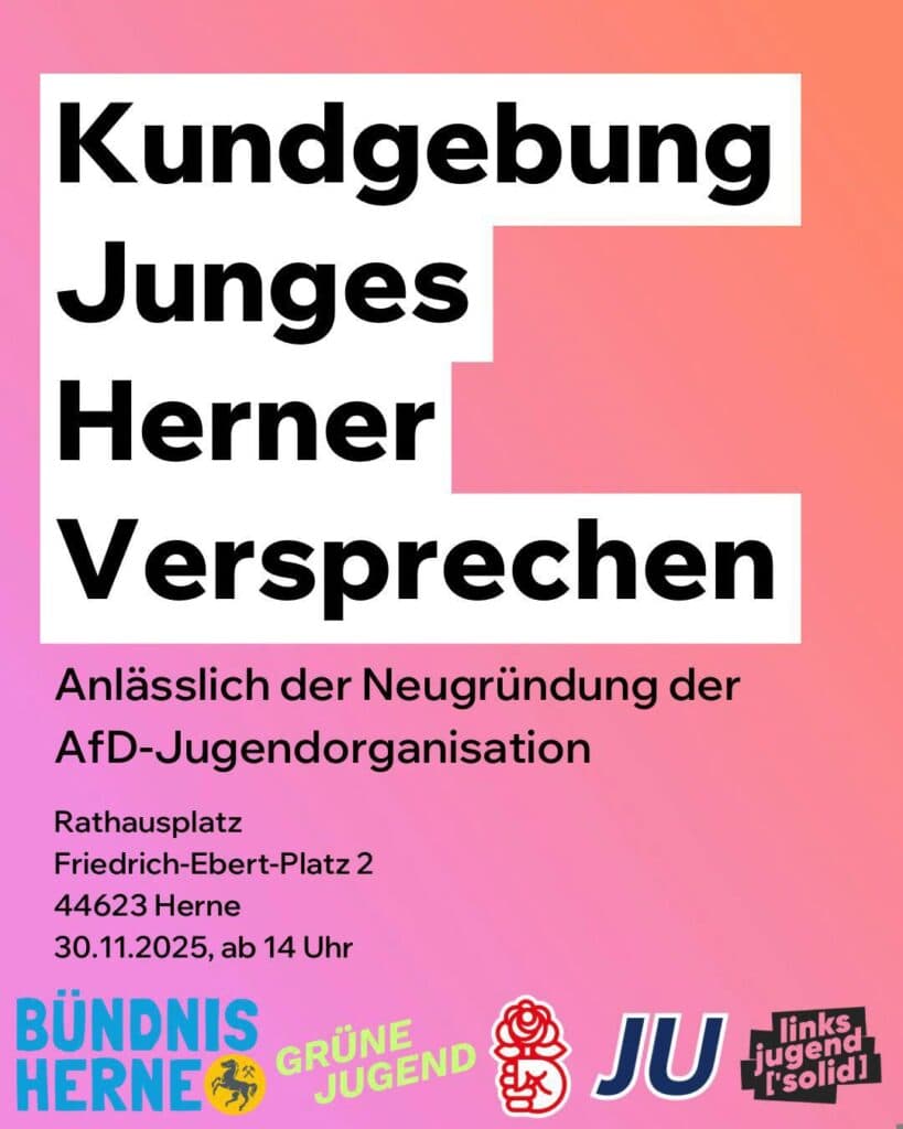 Buntes Plakat mit Aufruf zur Kundgebung von Junges Herner Versprechen gegen die Neugründung der AfD-Jugendorganisation Text und Logos von Bundnis Herne, Grüne Jugend und Jugendorganisationen.