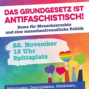 Shatepic zur Demo "Das Grundgesetz ist antifaschistisch" am 22.11. ab 12 Uhr auf dem Spittaplatz in Burgdorf. Mitbringen: Demoplakate, Sitzkissen, Becher und Tee. Stilisierte Hände halten Herzen hoch, Hintergrund bunt.