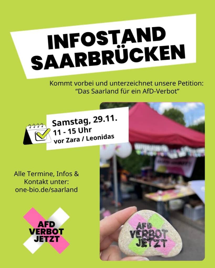 Plakat für Infostand in Saarbrücken mit grüner und pinkfarbener Gestaltung. Der Text lädt ein, eine Petition für ein Verbot der AfD zu unterschreiben. Ein Stein mit der Aufschrift 'AfD Verbot Jetzt' ist im Bild zu sehen.