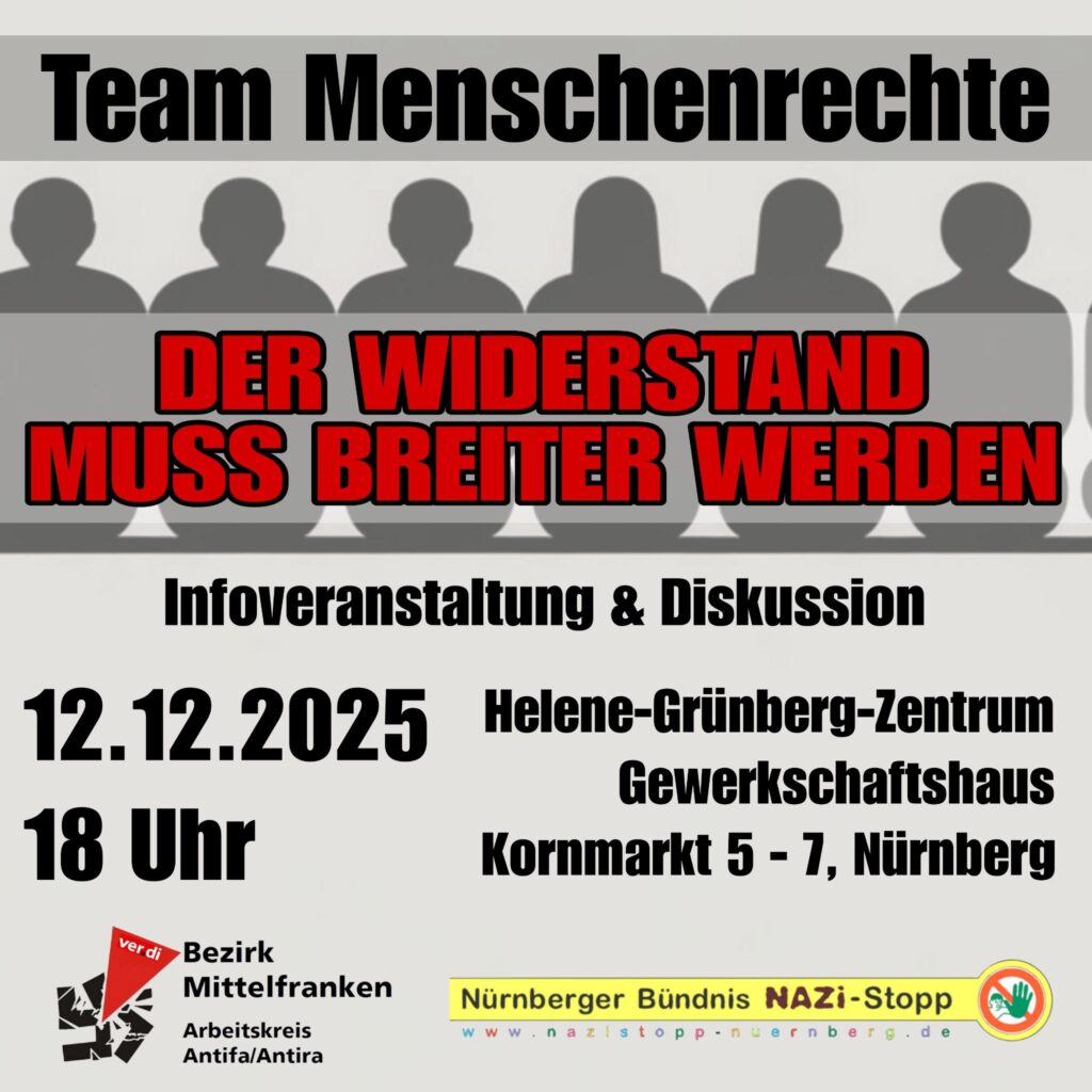Plakat mit dem Titel 'Team Menschenrechte' zeigt eine Reihe von silhouettenhaften Figuren und den Aufruf 'Der Widerstand muss breiter werden' in roter Schrift. Darunter stehen Informationen zu einer Infoveranstaltung und Diskussion, veranstaltet von verschiedenen Organisationen wie 'Bezirk Mittelfranken' und 'Nürnberger Bündnis Nazi-Stopp'.