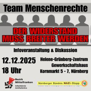 Plakat mit dem Titel 'Team Menschenrechte' zeigt eine Reihe von silhouettenhaften Figuren und den Aufruf 'Der Widerstand muss breiter werden' in roter Schrift. Darunter stehen Informationen zu einer Infoveranstaltung und Diskussion, veranstaltet von verschiedenen Organisationen wie 'Bezirk Mittelfranken' und 'Nürnberger Bündnis Nazi-Stopp'.