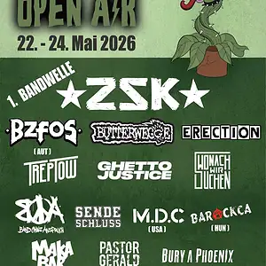 Plakat für Kulturgarten Open Air mit dem Titel 'Kulturgarten Open Air' in grünen Blockbuchstaben. Darunter Datum und Veranstaltungsdaten, sowie Namen der auftretenden Bands. Im Hintergrund eine Zeichnung einer Pflanze mit einem Drachen als Topf.
