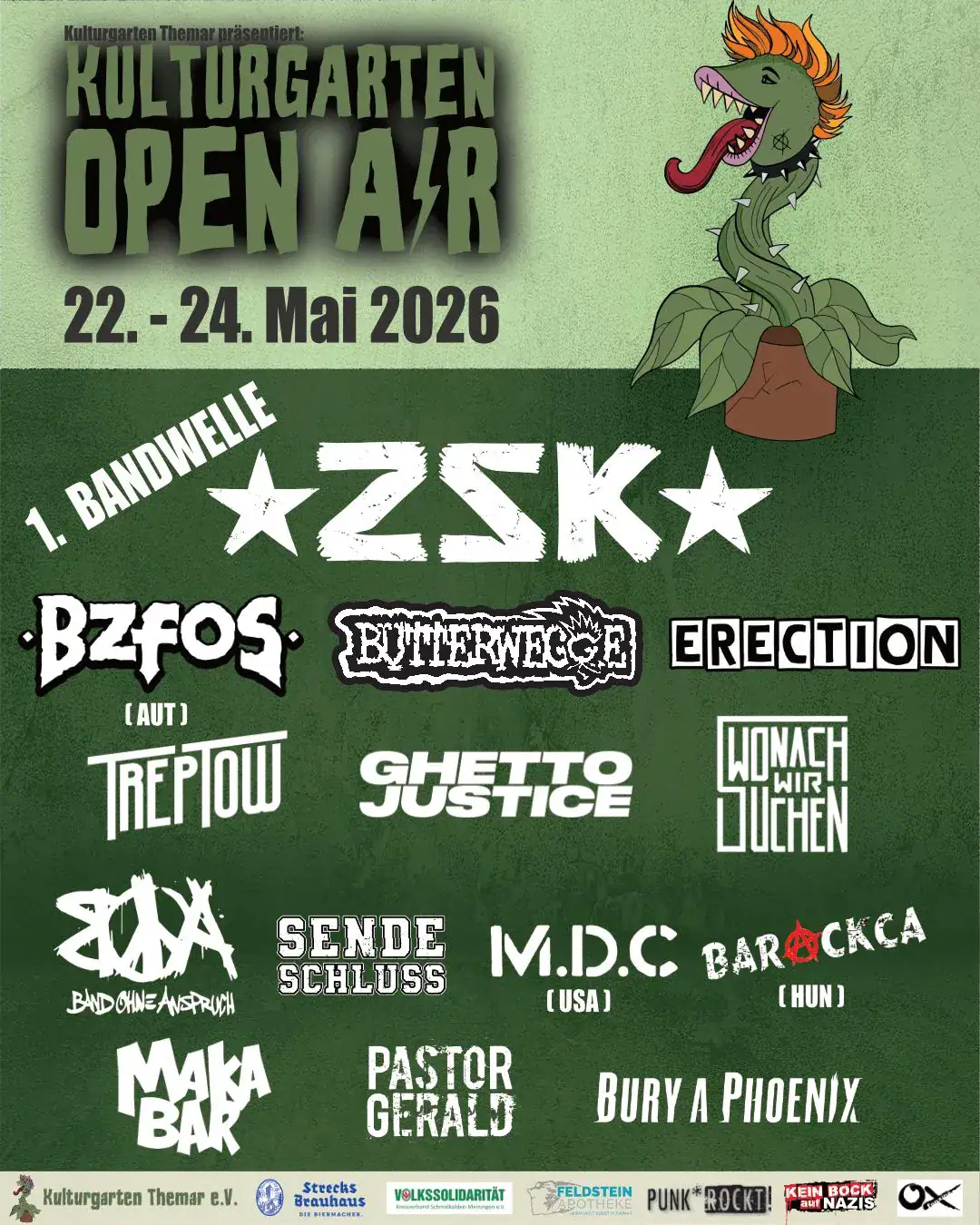 Plakat für Kulturgarten Open Air mit dem Titel 'Kulturgarten Open Air' in grünen Blockbuchstaben. Darunter Datum und Veranstaltungsdaten, sowie Namen der auftretenden Bands. Im Hintergrund eine Zeichnung einer Pflanze mit einem Drachen als Topf.