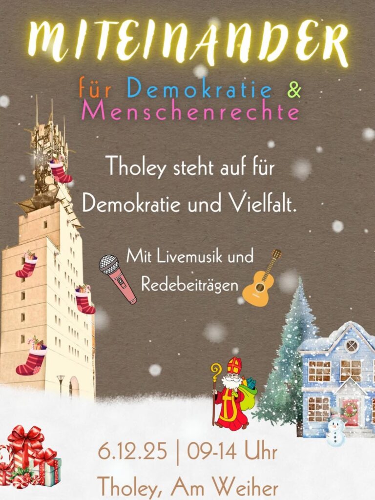 Plakat für eine Veranstaltung mit dem Titel 'Miteinander für Demokratie & Menschenrechte'. Es zeigt ein winterliches Motiv mit einer Stadt, Weihnachtsbaum und weihnachtlichen Elementen. Der Text kündigt Livemusik und Redebeiträge an.