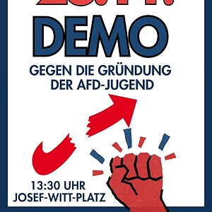 Plakat mit der Aufschrift 'Demo gegen die Gründung der Afd-Jugend' und einer rot-weiß-blauen Faust.