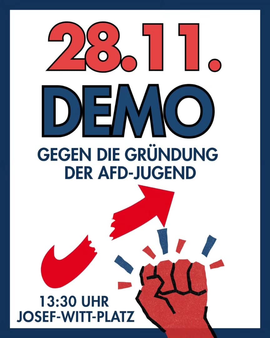Plakat mit der Aufschrift 'Demo gegen die Gründung der Afd-Jugend' und einer rot-weiß-blauen Faust.